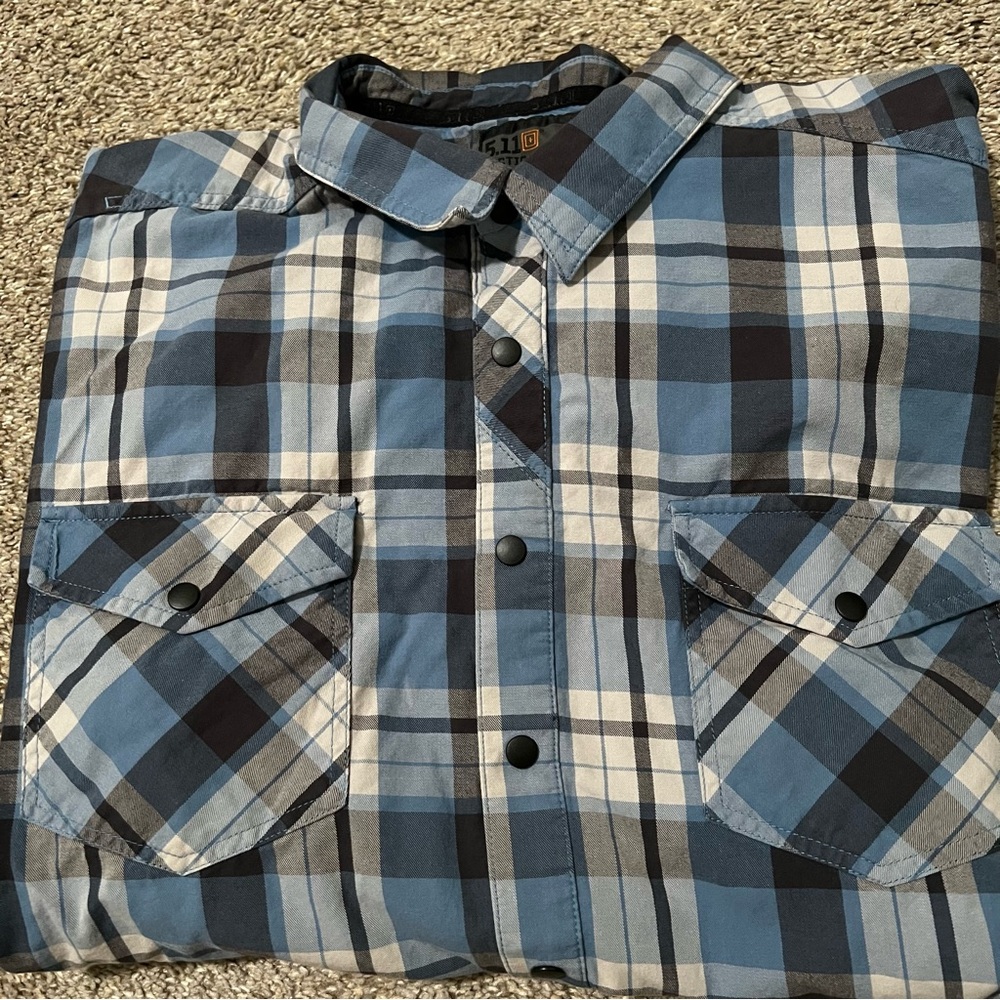 5.11 Tactical Light Blue and Navy Plaid Shirt Size 2XL